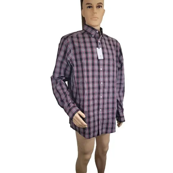 Rowm Men's Shirt Size LT Tall Gray Red Long Sleeve Button Up Plaid Cotton  33 - Picture 3 of 6